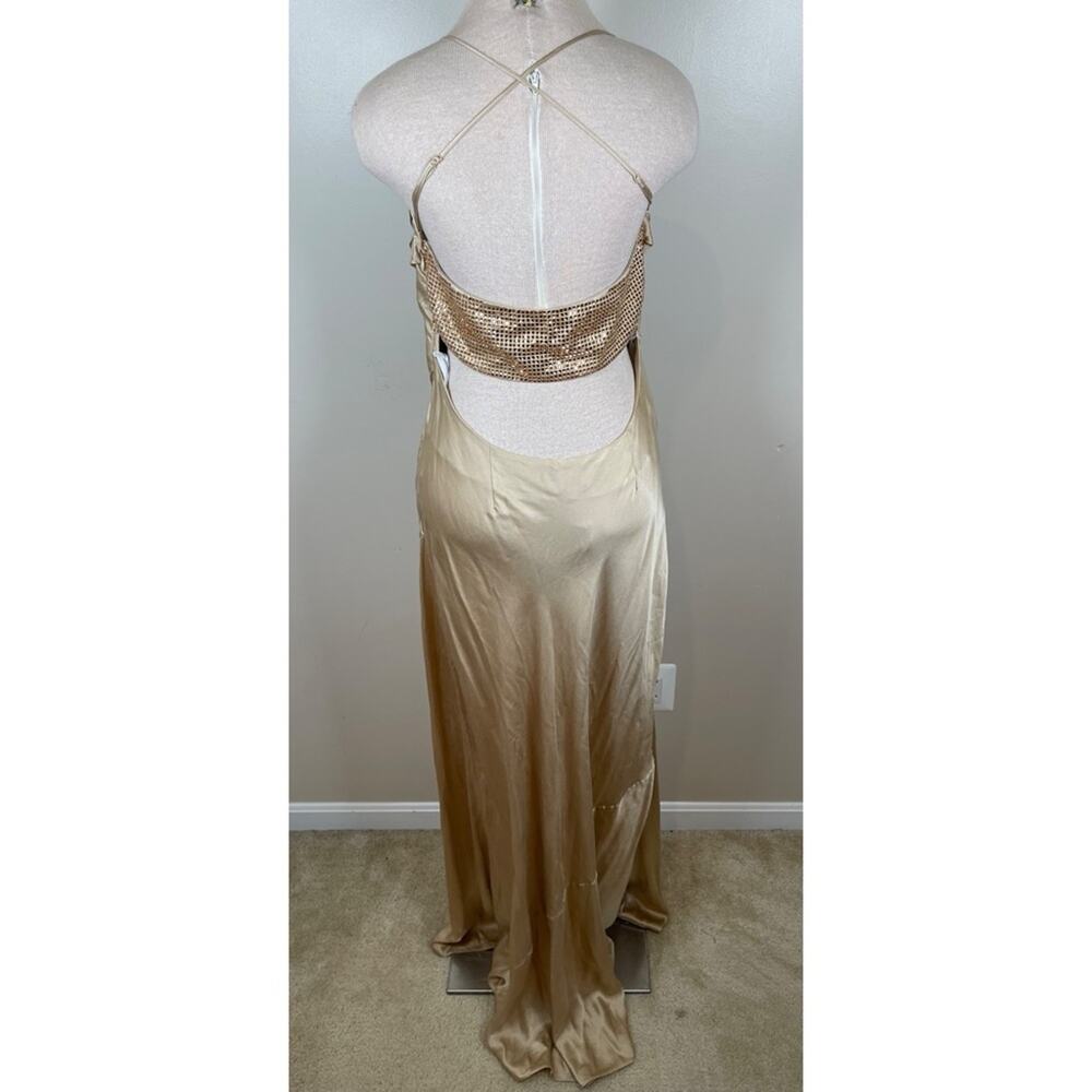 RETROFETE Emery Crystal Embellished Silk Nude Gold Maxi Dress Size Medium - Picture 9 of 11